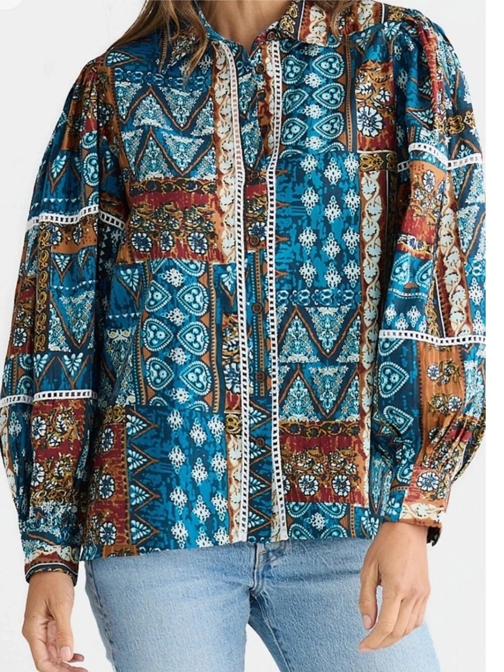 Talisman the Label Castella Patchwork Print Cotton Button-Up Shirt NWT